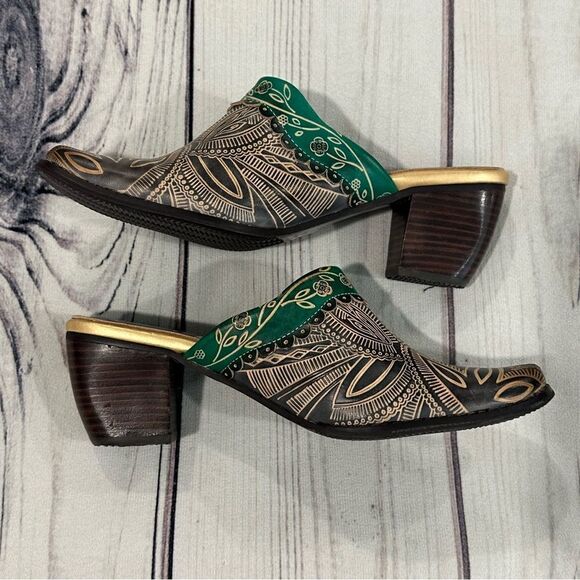 Elite by Corky's Shoes Womens 7 Scroll Leather Heeled Mules Green Brown Tan - Picture 3 of 8